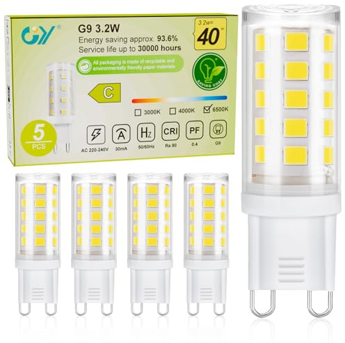 GY G9 LED Bulbs,3.2W Cool White 6500K Energy Saving Light Bulbs,Equivalent to 40W,520 Lumen No Flicker, Not Dimmable for Home Lighting Decor,5 Pack