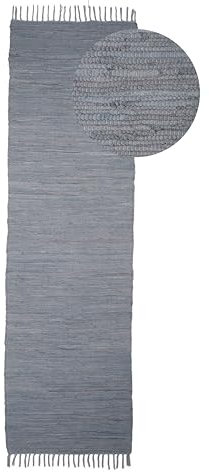 carpetfine Flickenteppich Kelim Chindi Uni Läufer Hellgrau 80x300 cm, handgewebt | Fleckerlteppich aus Baumwolle für Wohnzimmermit Fransen