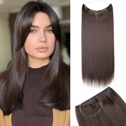 Silk-co Haarverlängerung mit Gummiband, Glatte Extensions mit unsichtbare Schnur, Synthetisch Haarteil wie Echthaar, Haarverdichtung Haar Extensions für Frauen, Mittelbraun, 60 cm