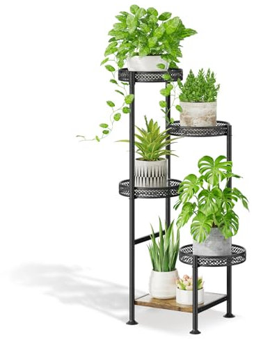 KAZITOO 5 Tier Metal Plant Stand Pot Stand Indoor Outdoor, Corner Plant Holder Flower Shelf for Multiple Plants, Modern Plant Display Rack with Wooden Plate for Garden Patio Living Room(hollow out)