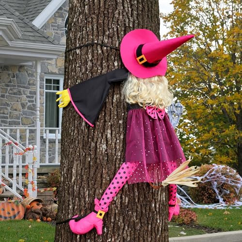 HOIIOH 53 Crashing Witch into Tree Halloween Decoration - Cute Pink Witch Outdoor Decor for Tree, Yard, Porch, Door, Fence, Patio, Lawn, Garden - Halloween Outdoor Decoration Prop