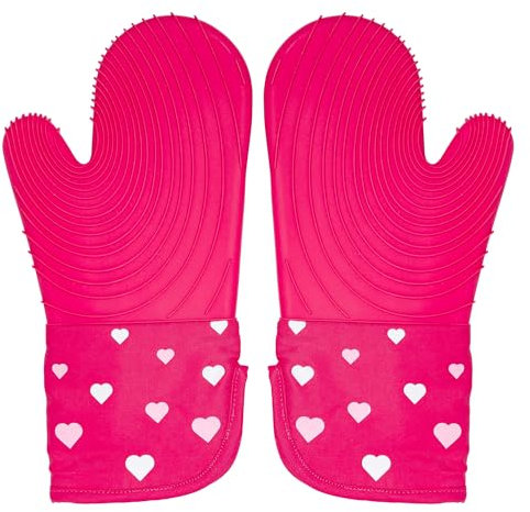 Paris Hilton Ofenhandschuh-Set mit Herz-Design, hitzebeständige Topflappen mit rutschfesten, strukturierten Silikongriffen, 2-teiliges Set, Rosa