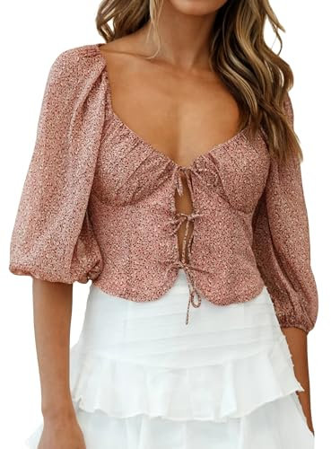 SANSIWU Sommer-Shirts mit Puffärmeln für Damen, modisch, Schnürung, vorne zum Binden, bauchfreies Oberteil, Teenager, Mädchen, niedlich, lässig, Babydoll-Top, rose, M