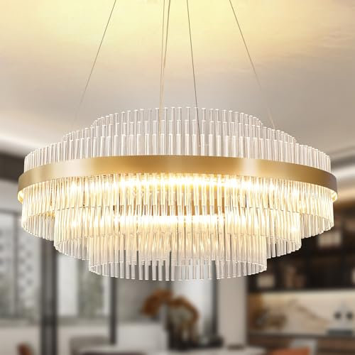 AOOCHOK Modern Kristall Pendelleuchte Gold Kronleuchter, Kristall Lampe Rund Hängeleuchte, Häengelampe für Wohnzimmer, Esszimmer, Schlafzimmer, Restaurant, Φ80cm