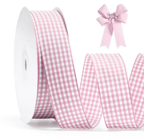 FAKILO Schleifenband Rosa Gingham-Band 25mm x 22m Geschenkband Rosa - Weiß Büffelkariertes Kariertes Band für Weihnachten, Geschenkverpackungen, DIY Basteln