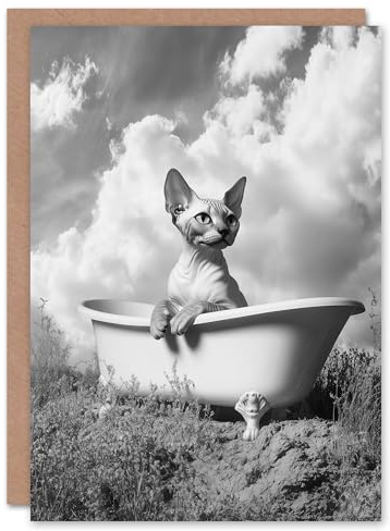 Artery8 Greeting Card Sphinx in Bathtub Black White Surreal Cat Lover Blank For Him Or Her Art Birthday Card