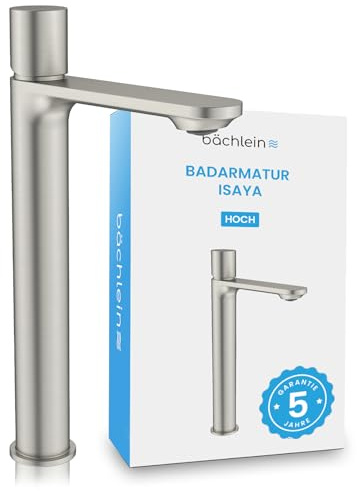 Bächlein Badarmatur Isaya hoch in modernem Design, extra hoher Einhebelmischer für Aufsatzwaschbecken mit Montage-Set, Bad Wasserhahn Edelstahl gebürstet