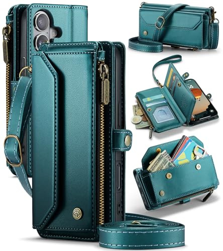 UFinetech Custodia Portafoglio per iPhone 17, Protezione RFID in Pelle PU, 7 Slot Carte – Custodia Multifunzione per iPhone 17 con Tasca Zippata, Tracolla Regolabile Rimovibile e Antiurto, Blu Verde