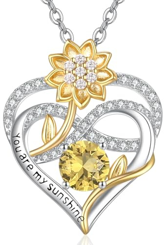 AENEAS Sonnenblumen-Unendlichkeits-Halskette für Damen, 925er-Sterlingsilber, Liebesherz, Geburtsstein, Jahrestag, Anhänger, vergoldet, Sonnenblumenschmuck, You Are My Sunshine, Geschenke für Frauen