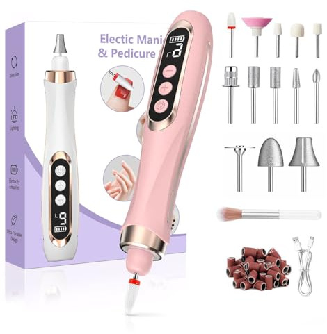 XunmotorYao Fresa per Unghie Professionale 20000 RPM 9 Velocità Elettrica Lima Unghie Display LCD Kit Manicure e Pedicure 15 in 1 Portatile Ricaricabile Rosa