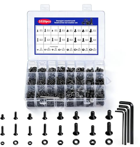 1020 Stk M3 M4 M5 M6 Schrauben Set,Senkkopfschrauben Muttern Set,Gewindeschrauben Sets,Flachkopfschrauben mit Muttern Unterlegscheiben, Innensechskantschrauben Maschinenschrauben Sortiment(Schwarz)