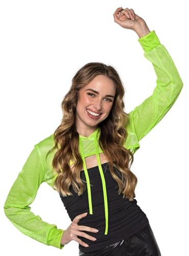 Boland - UV Fischnetz Bolero, Neon Crop Top mit Kapuze, Shirt leuchtet im Schwarzlicht, Oberteil für Karneval, Festival und Mottoparty