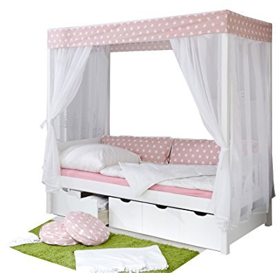 Himmelbett Maria Massivholz Kiefer inkl.Tüll-Set Rosa Weiß
