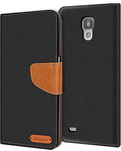 Verco für Galaxy S4 Hülle, Schutzhülle für Samsung Galaxy S4 Tasche Denim Textil Book Case Flip Case Klapphülle, Schwarz