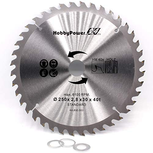 Kreissägeblatt Sägeblatt Hartmetall für Holz Tischkreissäge Kappsäge Gehrungssäge 250 x 30 mm 40 Z Zähne + 3 Reduzierringe auf 24,4mm, 20mm und 16mm