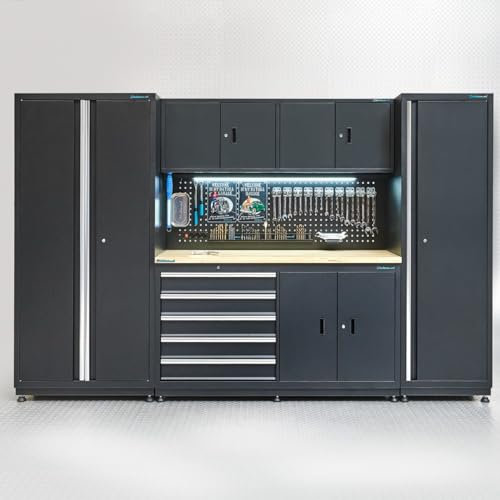 Datona Werkbank 160 cm mit Hängeschrank schmalem und breitem Seitenschrank Eichen Arbeitsplatte 5 Schubladen Lochwand LED und Stauraum
