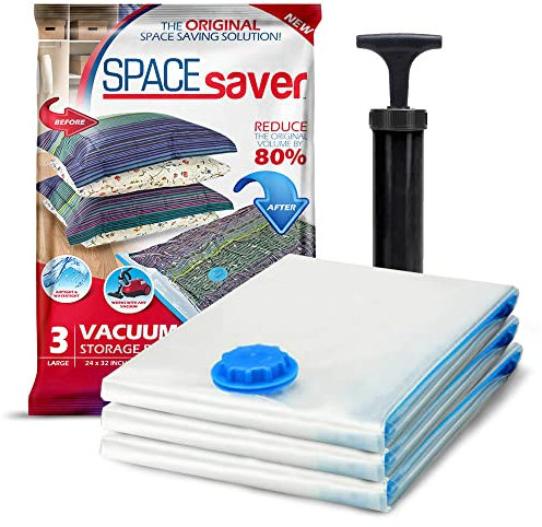 Spacesaver Hochwertige Vakuumbeutel für Kleidung, 80% mehr Stauraum Vakuum Aufbewahrungsbeutel mit Reise Pumpe Doppelreißverschluss und Dreifachdichtung für maximale Platzersparnis Groß 3 Pack