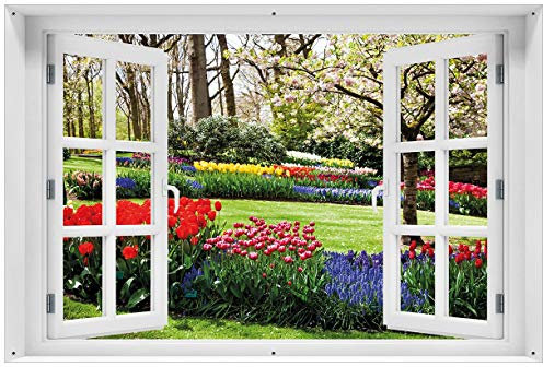 Wallario Outdoor-Poster für Garten oder Balkon Bunte Blumen und Kirsch-Baum im Park blühen im Frühling, Motivbanner Größe: ca. 60 x 90 cm mit Fenster-Illusion