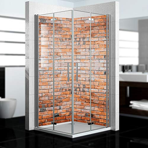 dedeco Eck-Duschrückwand wasserfest Motiv: Ziegelsteine rot UV-Lack glänzend, 2 x 90x200 cm Badrückwand zum Fliesenersatz, Dekorwand, Wandverkleidung und Duschplatte aus Aluminium - Made in Germany