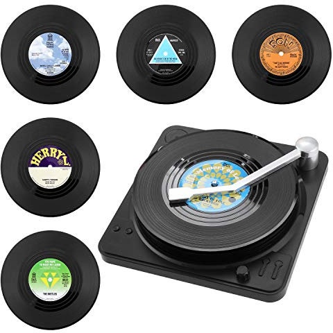 Coolty 6 Stück Vinyl Schallplatten Untersetzer, Rutschfeste Tasse Matte, Isolierte Kaffee Getränke Untersetzer mit Halter für Tassen Tisch Bar Glas Gläser mit Halter