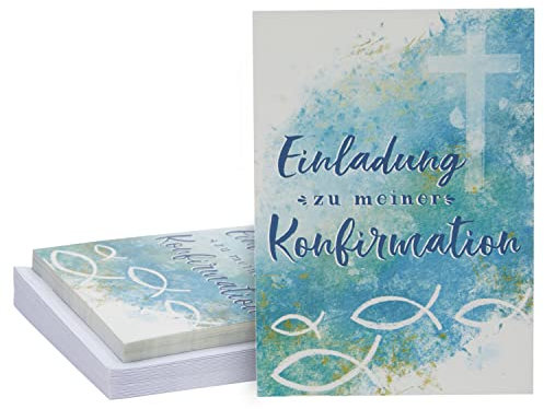 24 Stück Einladungskarten zur Konfirmation zum Ausfüllen mit Umschlägen, Fisch und Kreuz-Motiv, Aquarell-Design, DIN A6, Blau