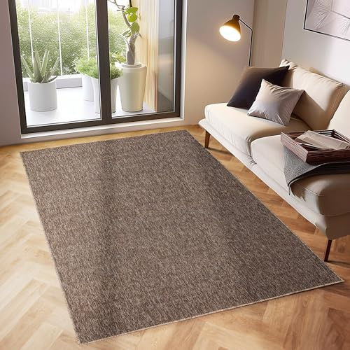 SIMPEX Moderner Kurzflor Teppich Wohnzimmer Schlafzimmer Küchenteppich Läufer Flur Teppichläufer Meliertes Design Weich und Pflegeleicht Jute Rücken, Farbe: Braun, Größe: 280 x 370 cm