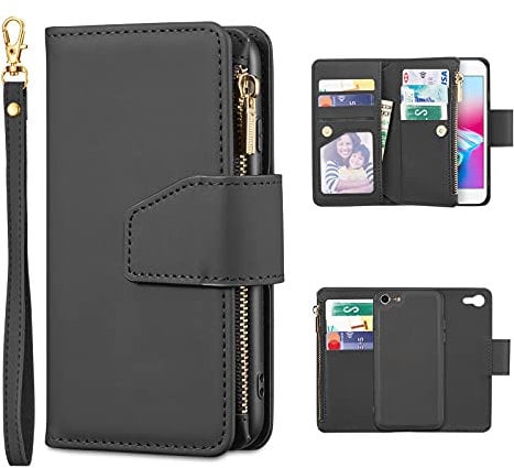 EYZUTAK Case for iPhone 7 Plus iPhone 8 Plus, Glossy PU Leather 9 Card Slots Magnetic Closure 2 in 1 Folio Flip Detachable Wrist Strap Lanyard Zipper Wallet Removable Back Cover - Black