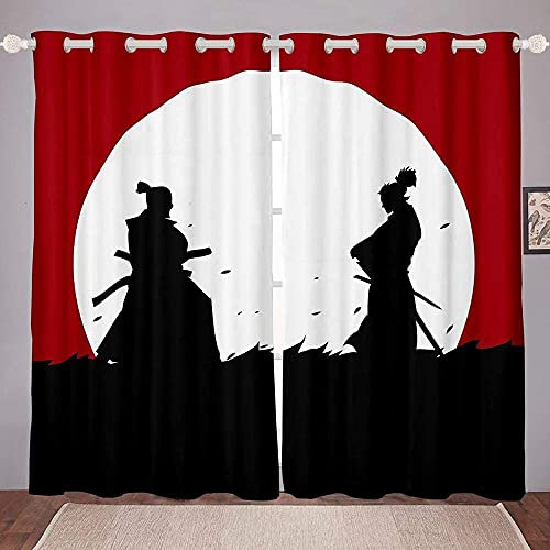 ZLLPRETTY Rideau Occultant Samouraï Japonais Oeillets Cuisine Adulte Isolant Thermique Opaques Petites Fenêtres Moderne Décoration Taille: 2xL70xH160cm