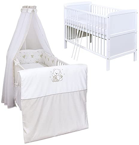 Baby Delux Babybett Komplettbett Kinderbett umbaubar zum Juniorbett Natalie weiß 140x70 Bettset Matratze Shiny Teddy Beige Glitzer