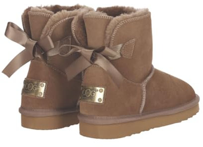 OOG Boots Damen Lederboots Stiefel mit Schleife, Bow, Schneestiefel echtes Leder, warme und Fell gefütterte Winterschuhe, rutschfeste, Flache, bequem und Kurze Stiefel (6166FlamingoDark, numeric_39)