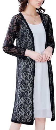 FindThy Cardigan lungo da donna casual con maniche a 3/4, aperto sul davanti, in pizzo ricamato, kimono, nero, Large
