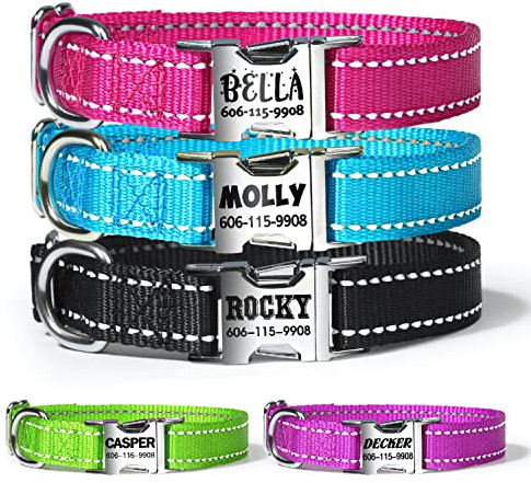 Personalised Dog Collar with Engraved Metal Buckle, Custom Nylon Reflective Dog Collars with Dog Name & Phone Number, Size: S, M, L, Colour: Black Blue, Red