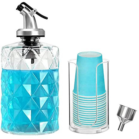 RENXR Glass Mouthwash Dispenser, Mouth Washer Container with Paper Cup Holder Set, Mouth Washer Dispenser with Funnel and Paper Cups for Bathroom Countertop