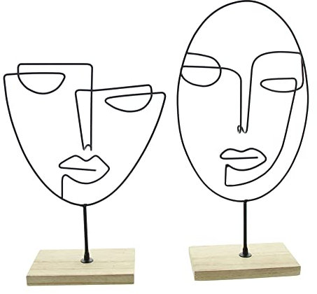FRANK FLECHTWAREN Metalldeko Gesicht, 2er Set, Moderne Skulptur, Mattschwarz lackiert, Holzsockel, Maße: 18 x 8 x 26 cm, 16 x 8 x 34 cm