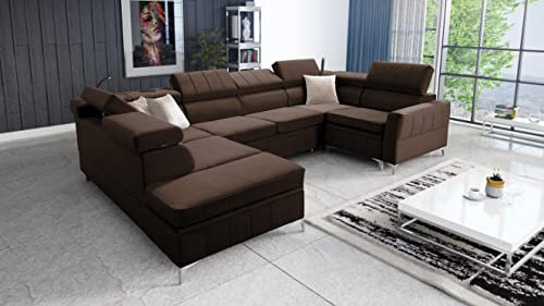 All4All Ecksofa mit Schlaffunktion Bari V 336 x 218 cm - Eckcouch mit Bettkasten - Wohnlandschaft in U-Form - XXL Sofa Groß - Schlafsofa - Braun - Seite Links - Modern - Velvetstoff 26