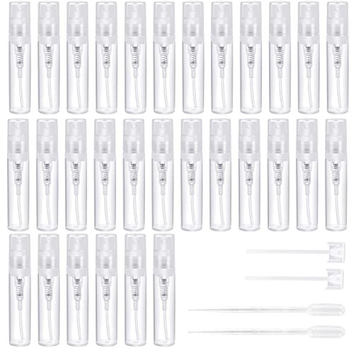 30 Mini Botellas de Aerosol, Atomizador de Perfume de 3ML, Pulverizador Botella de Muestra de Perfume Transparente, Mini Atomizador de Niebla Fina con 2 Pipetas, para Perfumes, Cosmético