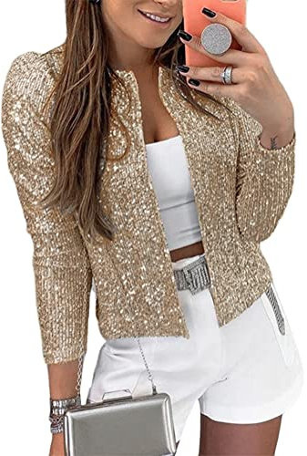 Minetom Blazer à Paillettes Femmes Chic Sequin Veste Casual Elegant Manches Longues Glitter Party Brillant Manteau Rave Blazer Veste De Costume A Or S