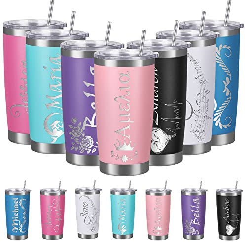 Personalisierte Becher mit Deckel und Strohhalm, individueller isolierter Becher mit Gravur mit Namen, individuelle Edelstahl-Kaffeebecher, Geschenke für Männer und Frauen (590 ml, Rosa)