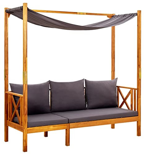 puraday Banc de Jardin avec Auvent Bois d'acacia Solide 179x66x180 cm Gris Foncé Lit de Jour d'extérieur Facile à Nettoyer Chaise Longue Terrasse Abri Contre Soleil Détendre près Piscine Balcon Cour