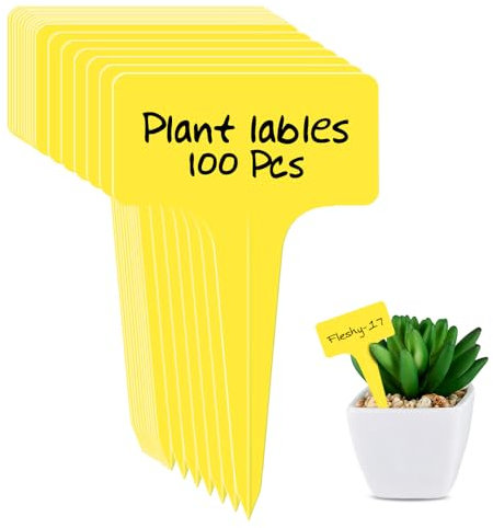 TIECHI 100Pcs Plastic Plant Labels for Seedlings T-Type Garden Plant Markers & Labels for Herb Vegetables 10x6cm Waterproof Outdoor Plants Markers (Yellow)