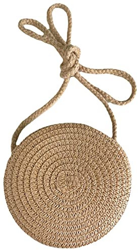 Jamron Handgefertigte Rund Strohtasche Crossbody Umhängetasche Böhmische Strandtasche mit Reißverschluss SN0702152 Mini Braun