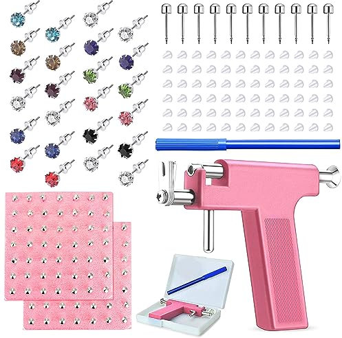 Longbeauty 224 Stk | Rosa Piercing Kit - Edelstahl Körper Piercing Werkzeuge Studs Ohrringe Nase Lippe Nabel Piercing Maschine für Home Salon Piercing Nadeln