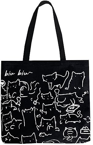Finyoffiy Bolsa de lona para gatos con bolsillo con cremallera, bonita bolsa de tela reutilizable, bolsa de compras con asa, Negro -, Large