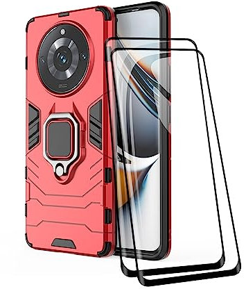 TEYYOS Funda + [2 Piezas] Protector de Pantalla para Realme 11 Pro+/Realme 11 Pro, TPU/PC Antigolpes Armor Protección Carcasa [360° Soporte] con 9H Dureza Vidrio Templado Protector, Rojo