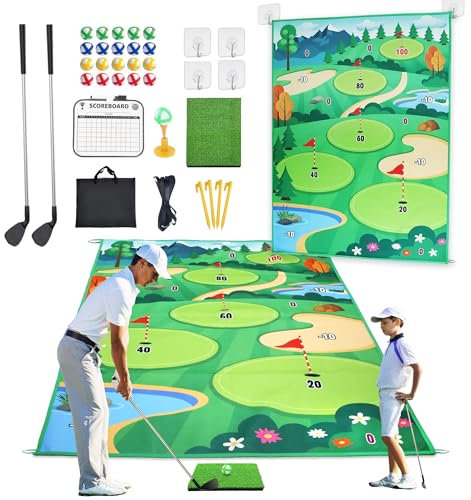 Golf Chipping Game Mat - 70x47 Golf Practice Mats Indoor Outdoor Games for Adults and Family Kids, Golf Training Set with 20 Sticky Balls for Gifts