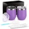 Joymaking Lot de 2 verres à vin en acier inoxydable Stemless avec couvercle, double paroi incassable pour le lait, le café, le vin, la bière, le champagne, les cocktails, violets