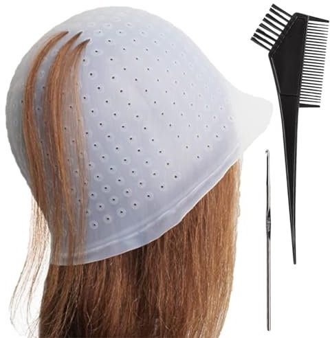 Highlight Cap, Punched Hole Silicone Highlight Hair Cap with Needle and Hair Dye Brush Dyeing Staining Tools, Reusable Highlighting Poked Hole Caps for Color Hair Salon Hairdressing Dyeing Staining