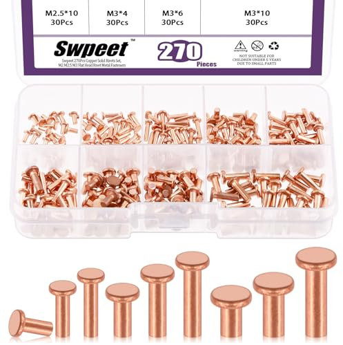 Swpeet Set di 270 rivetti in rame massiccio a testa piatta M2 M2.5 M3, rivetti in rame massiccio, rivetti di fissaggio ideali per applicazioni elettriche, cinture, portafogli, collari, pelle, fai da