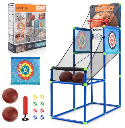 GYMAX Panier de Basket pour Enfants, Jeu de Basket et de Tir 2 en 1, avec Tableau de Score Sonore & 2 Ballons & 2 Cibles & 8 Balles & Pompe à Balle, pour Intérieur/Extérieur