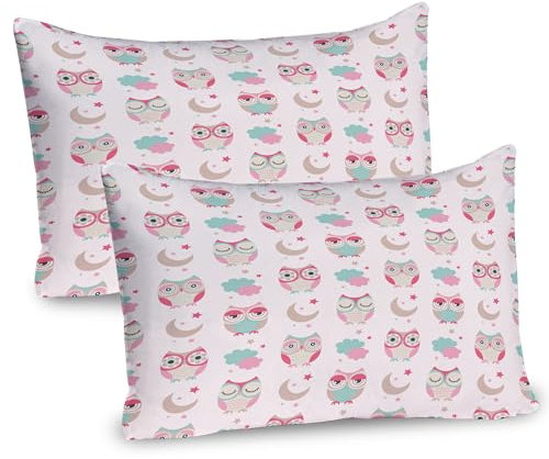 ABAKUHAUS Eulen Kissenbezug Packung mit 2, Eulen Sterne Mond Muster in weiblichen weichen Farben Symmetrische Design Artwork, Dekorativer Standard Gedruckter Kissenbezug, 80 x 40 cm, Grün Rosa Tan